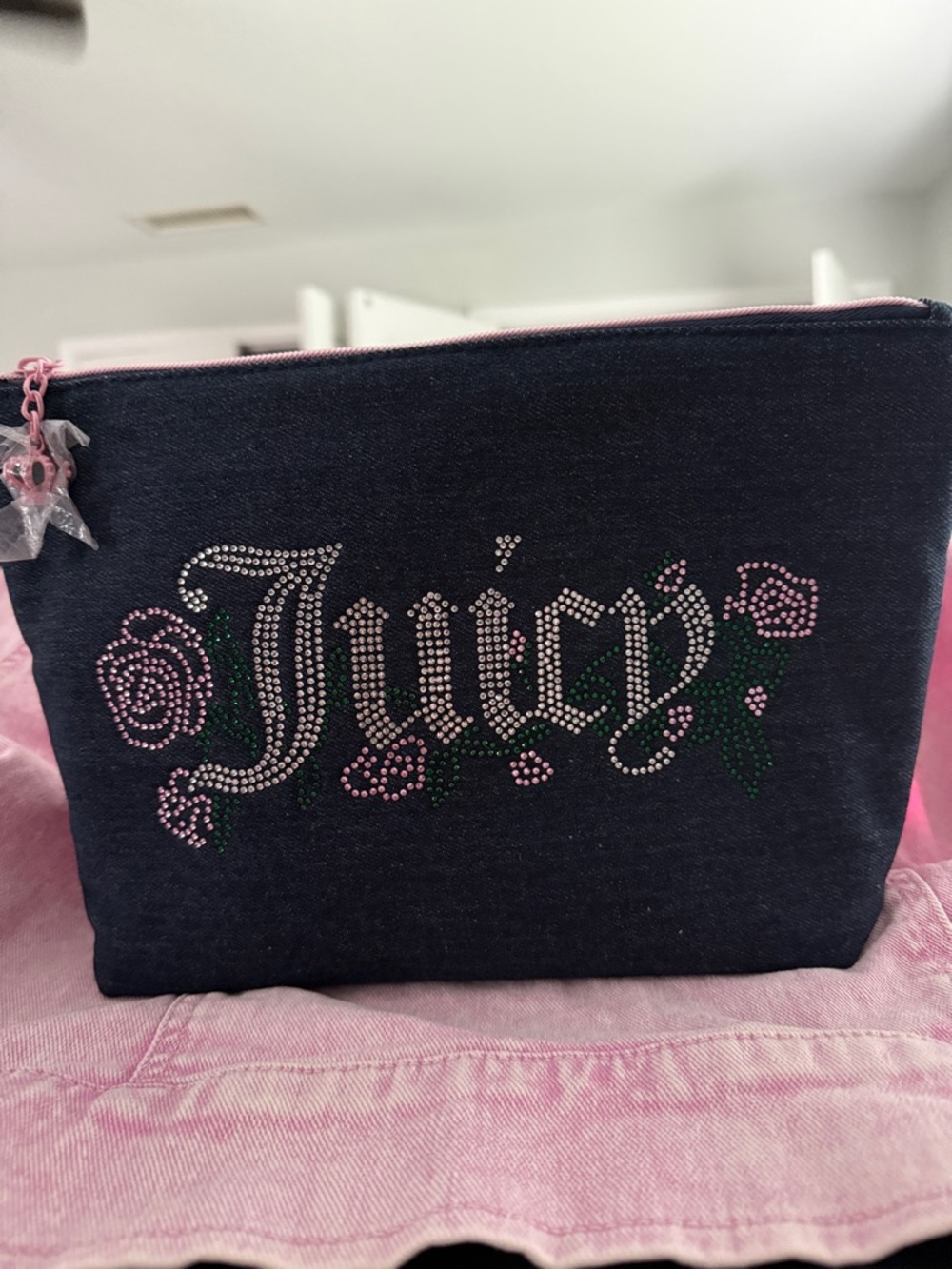 Juicy Couture Denim Cosmetic Pouch/Clutch with Pink & Green Rhinestone Logo